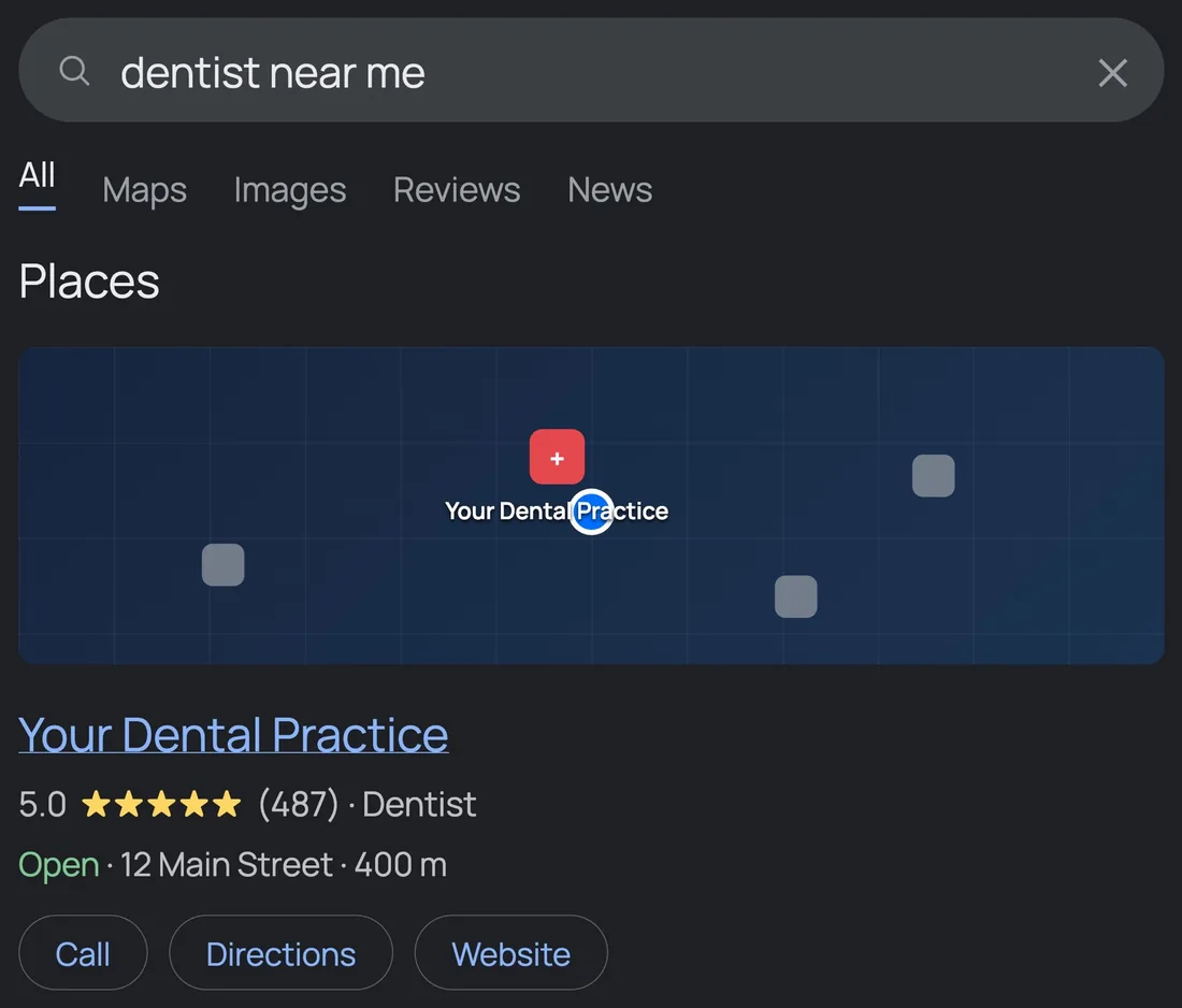 Google results for a “dentist near me” search showing a dental practice ranked first